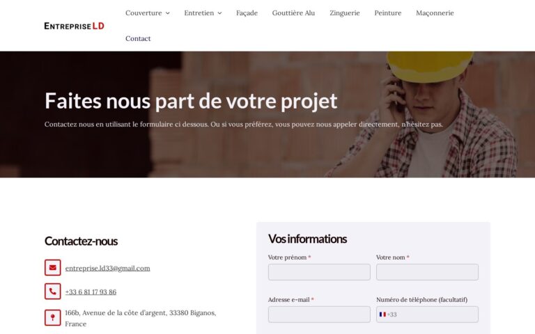 Capture d'écran de la page Contact du site Entreprise LD
