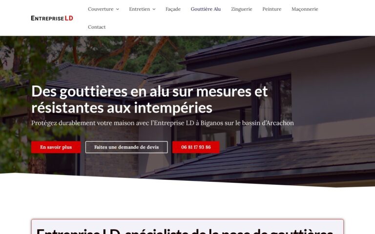Capture d'écran de la page Gouttière alu du site Entreprise LD
