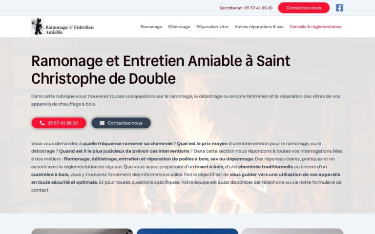 Capture d'écran de la page Conseils et réglementation du site Ramonage Amiable