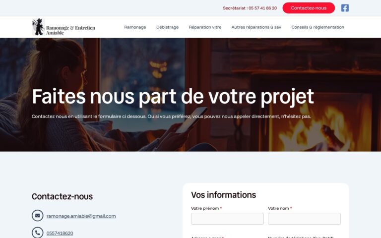 Capture d'écran de la page Contact du site Ramonage Amiable