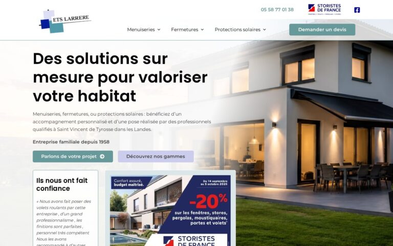 Capture d'écran de la page Accueil du site ETS Larrère