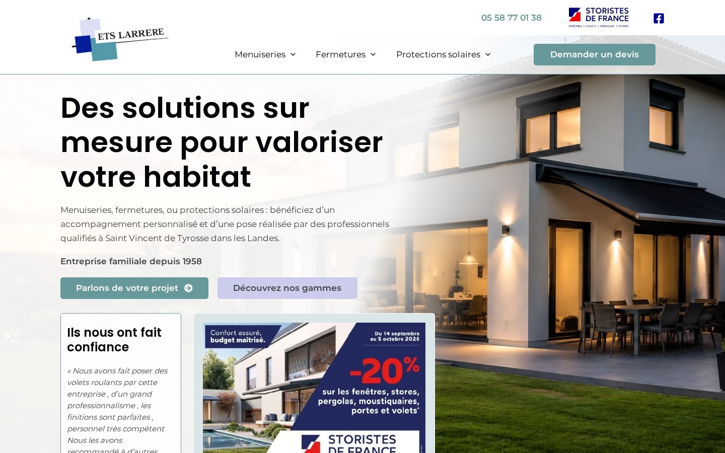 Capture d'écran de la page Accueil du site ETS Larrère