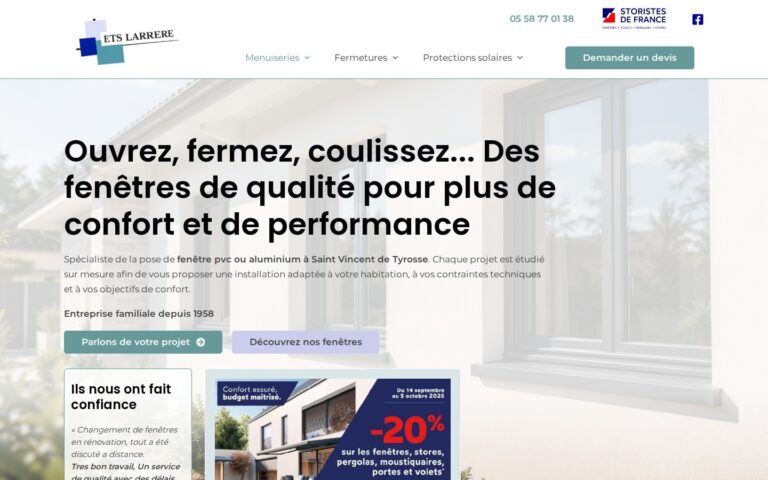 Capture d'écran de la page Fenêtres du site ETS Larrère