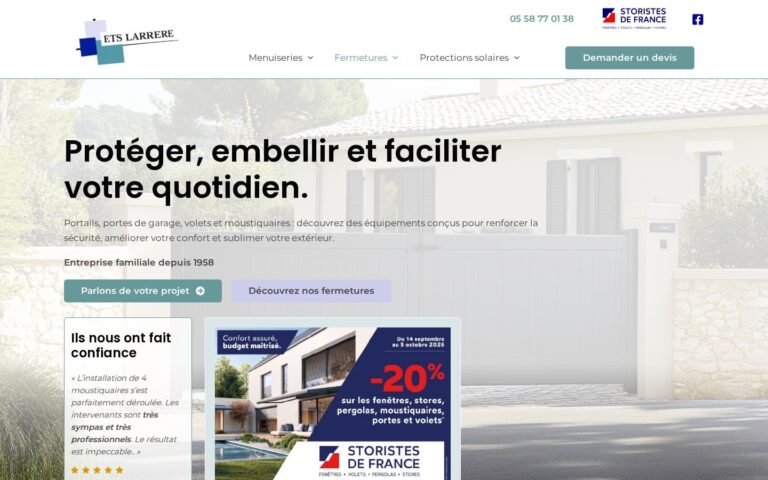 Capture d'écran de la page Fermetures du site ETS Larrère