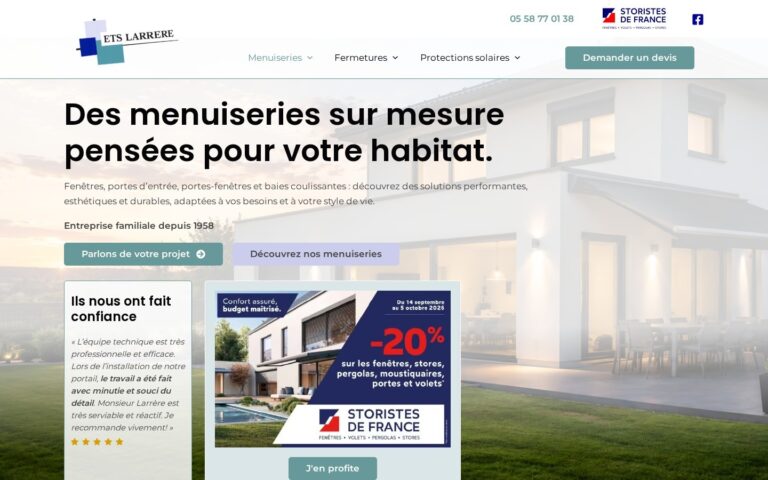 Capture d'écran de la page Menuiseries du site ETS Larrère