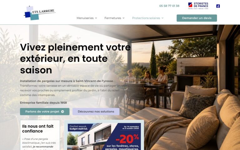 Capture d'écran de la page Pergolas du site ETS Larrère